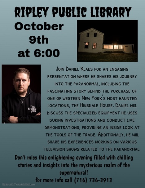 Join Daniel Klaes at the Ripley Public Library on October 9th at 6:00 PM.